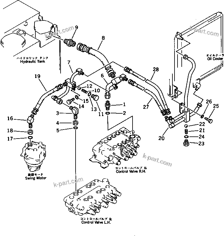 Komatsu parts book diagram for PC100L-3 S/N 12001-UP: HYDRAULIC PIPING (VALVE TO OIL COOLER TO TANK) (1/2)(#12001-.)