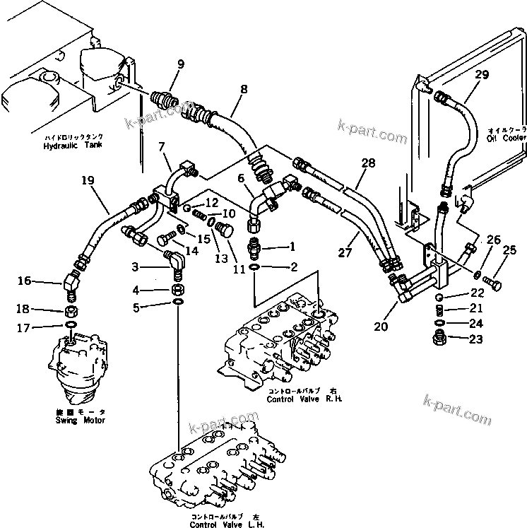 Komatsu parts book diagram for PC100L-3 S/N 12001-UP: HYDRAULIC PIPING (VALVE TO OIL COOLER TO TANK) (1/2)(#.-12199)