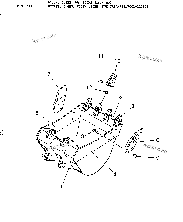 Komatsu parts book diagram for PC100L-3 S/N 12001-UP: BUCKET ? 0.4M3 ? WIDTH 825MM (EXCEPT JAPAN)