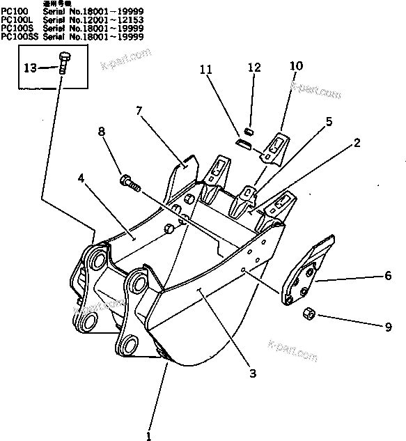 Komatsu parts book diagram for PC100L-3 S/N 12001-UP: BUCKET ? 0.26M3 ? WIDTH 600MM