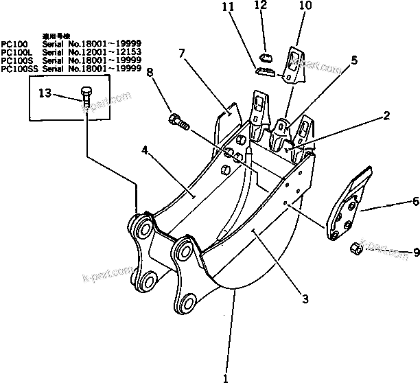 Komatsu parts book diagram for PC100L-3 S/N 12001-UP: BUCKET ? 0.16M3 ? WIDTH 450MM