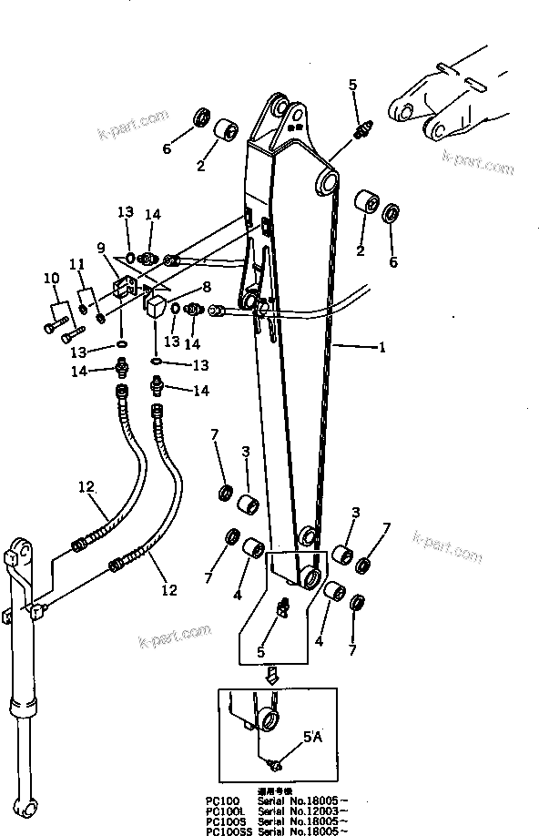 Komatsu parts book diagram for PC100L-3 S/N 12001-UP: LONG ARM(#12001-12137)