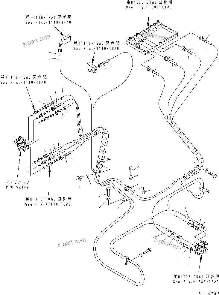 Komatsu parts book diagram for PC1100LC-6 S/N 10001-UP: FLOOR FRAME (PPC WORK LINE) (PPC HOSE ? R.H.) (FOR HIGH CAB)(#10158-)