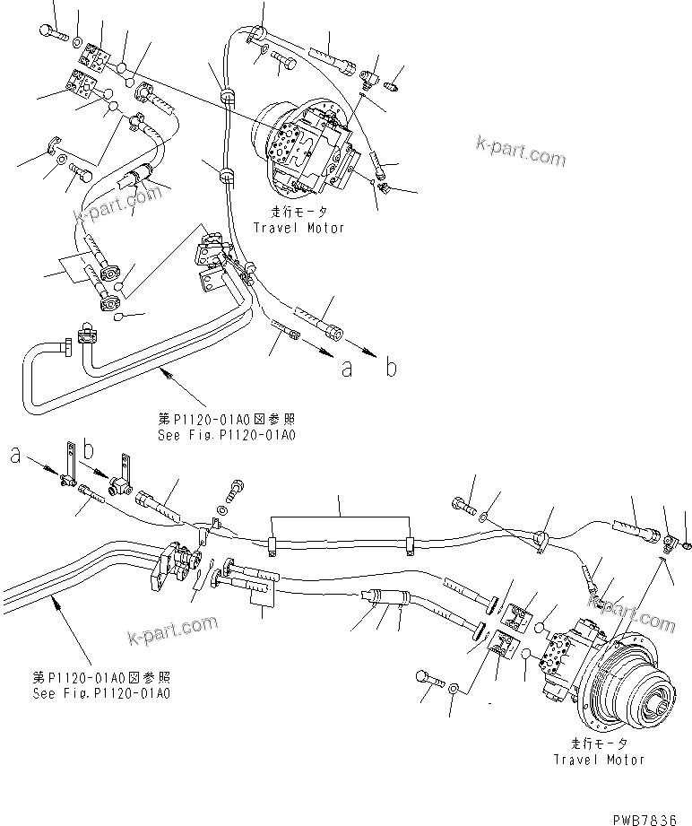 Komatsu parts book diagram for PC1100LC-6 S/N 10001-UP: TRAVEL PIPING (MOTOR SIDE)