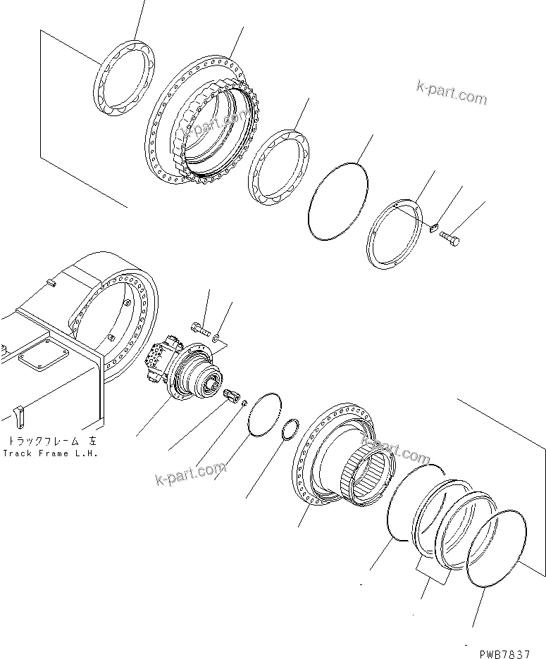 Komatsu parts book diagram for PC1100LC-6 S/N 10001-UP: TRACK FRAME (FINAL DRIVE) (SHAFT AND HUB) (L.H.)(#10160-)