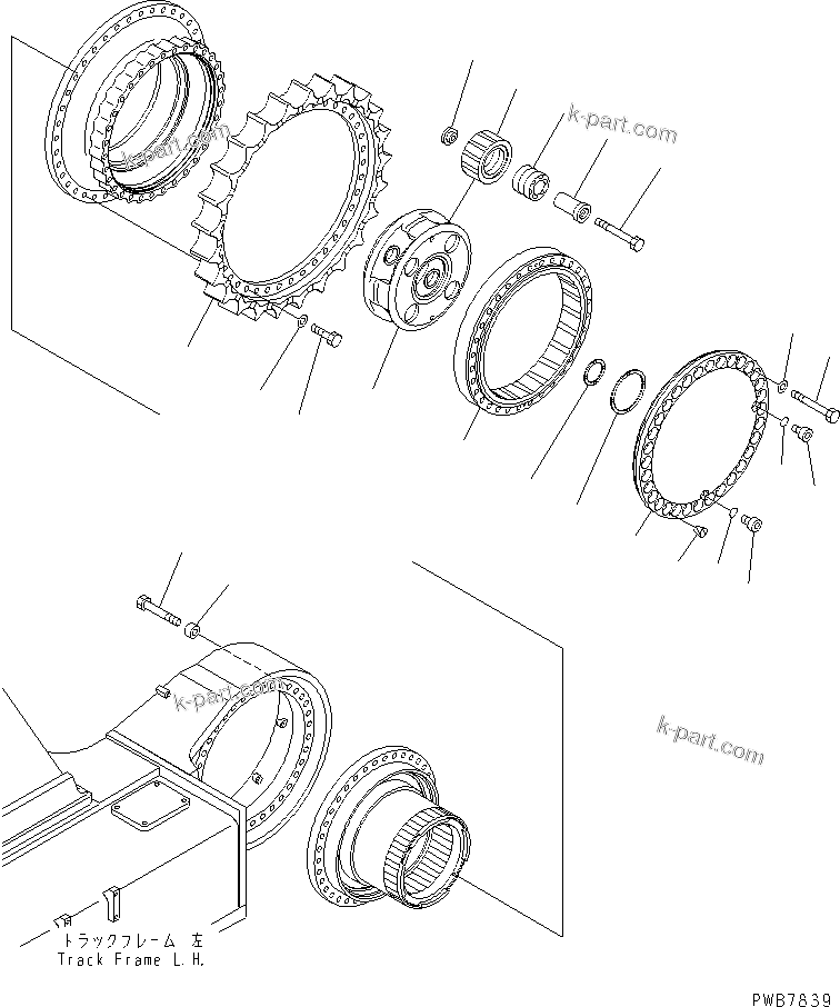 Komatsu parts book diagram for PC1100LC-6 S/N 10001-UP: TRACK FRAME (FINAL DRIVE) (3RD CARRIER AND SPROCKET) (L.H.)(#10160-)