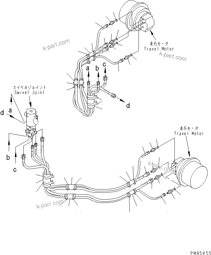 Komatsu parts book diagram for PC120-6H S/N 45001-UP: TRAVEL PIPING LOWER (TILTING SPEC.)(#45001-64839)