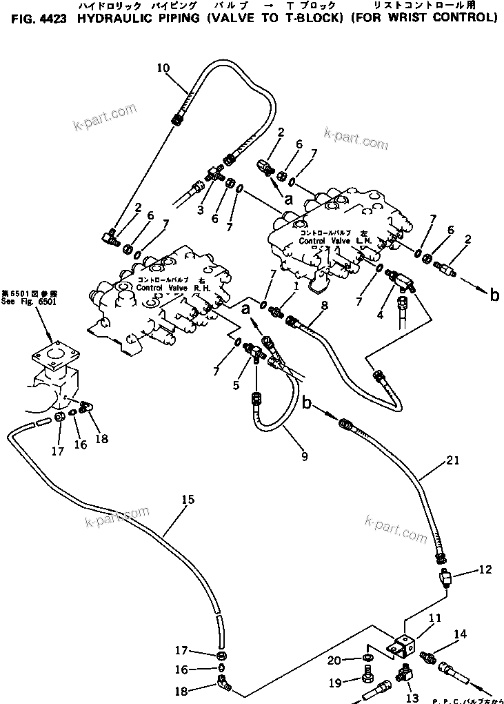 Komatsu parts book diagram for PC120S-3 S/N 18001-UP: HYDRAULIC PIPING (VALVE TO T BLOCK) (FOR WRIST CONTROL)