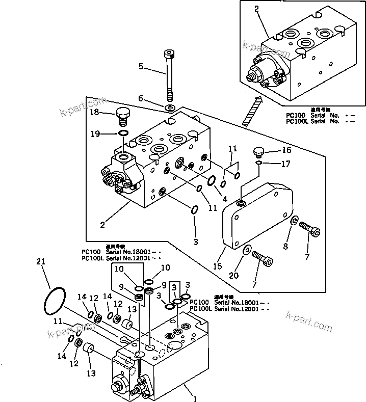 Komatsu parts book diagram for PC120S-3 S/N 18001-UP: SERVO VALVE ? REAR (1/2)