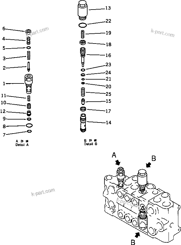 Komatsu parts book diagram for PC120S-3 S/N 18001-UP: CONTROL VALVE ? R.H. (3/4) (FOR WRIST CONTROL)