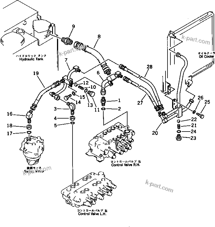 Komatsu parts book diagram for PC120S-3 S/N 18001-UP: HYDRAULIC PIPING (VALVE TO OIL COOLER TO TANK) (1/2)(#18001-.)