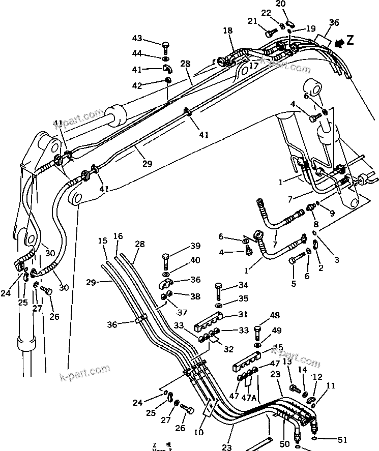 Komatsu parts book diagram for PC120S-3 S/N 18001-UP: HYDRAULIC PIPING (BOOM ? ARM AND BUCKET CYLINDER)(#18001-20335)