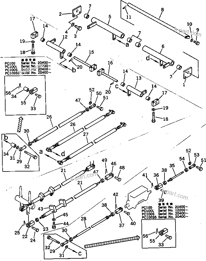 Komatsu parts book diagram for PC120S-3 S/N 18001-UP: SPECIAL WORK EQUIPMENT VALVE CONTROL LINKAGE (1/3) (FOR LONG     LEVER CONTROL)(#19834-)