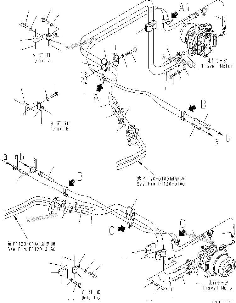 Komatsu parts book diagram for PC1250SP-8 S/N 30001-30157 (ecot3, For SP): TRAVEL PIPING (MOTOR SIDE)(#30001-)