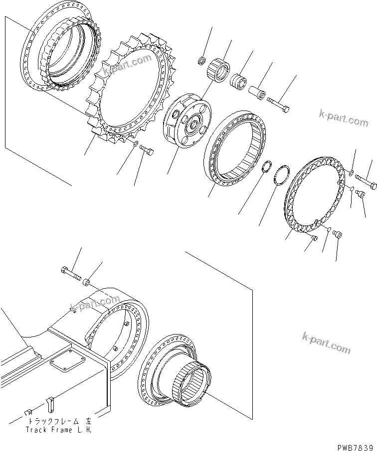 Komatsu parts book diagram for PC1250SP-8 S/N 30001-30157 (ecot3, For SP): TRACK FRAME (FINAL DRIVE) (3RD CARRIER AND SPROCKET) (L.H.) (COLD WEATHER A SPEC.)(#30001-)