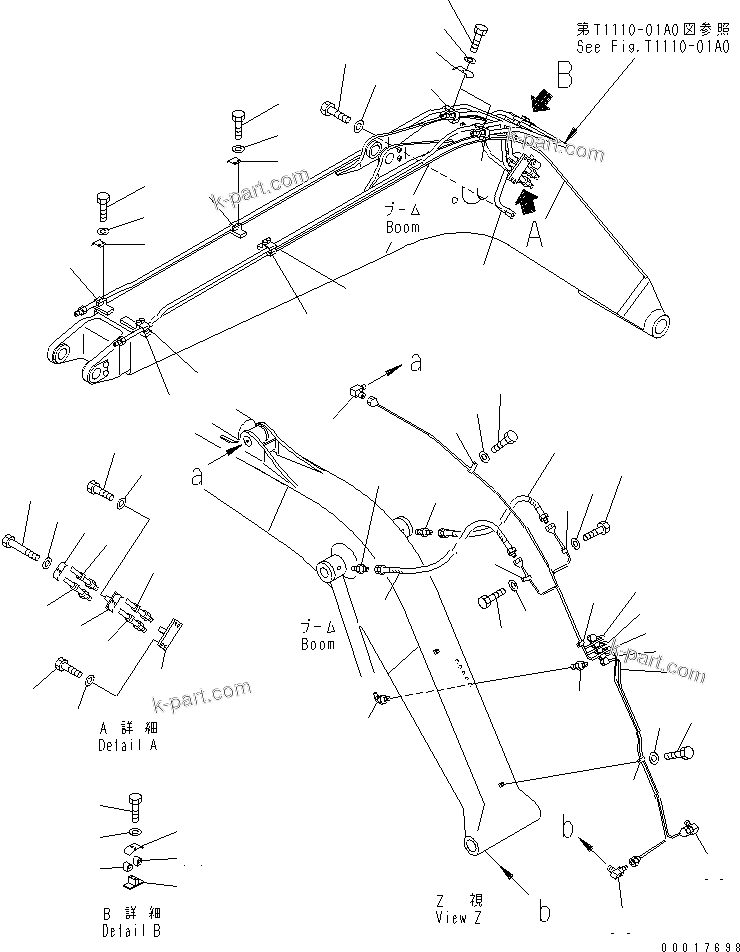 Komatsu parts book diagram for PC128US-2-A S/N 9501-UP: BOOM (HYDRAURIC LINE AND LUBRICATION PIPING)
