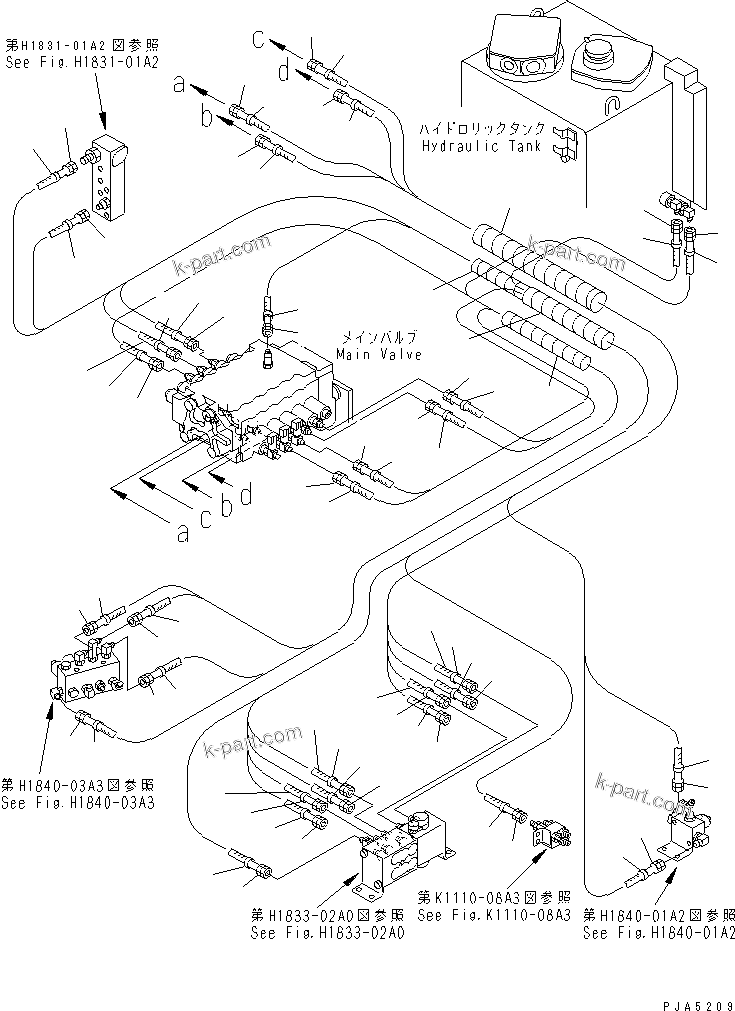 Komatsu parts book diagram for PC128UU-1 S/N 1001-UP: P.P.C. MAIN LINE (P.P.C. VALVE LINE R.H.) (FOR MONO-BOOM)        (BLADE LESS SPEC.)