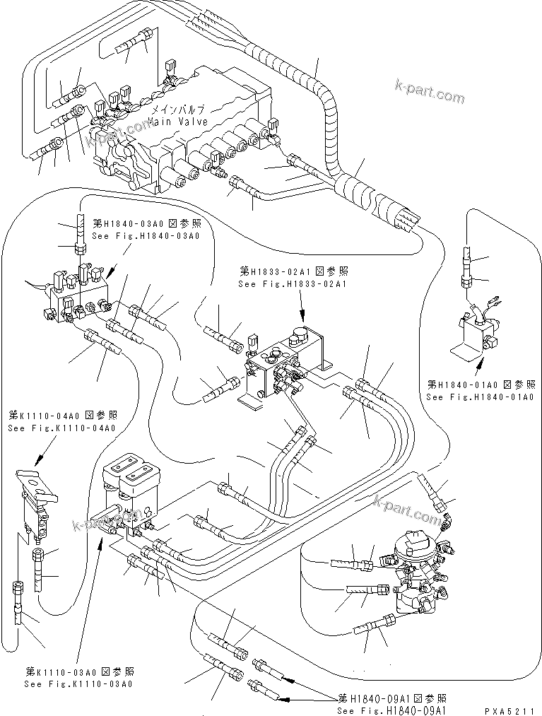 Komatsu parts book diagram for PC128UU-1 S/N 1001-UP: P.P.C. MAIN LINE (P.P.C. VALVE LINE L.H.) (MULTIPLE PATTERN      CONTROL) (BLADE LESS SPEC.)(#1001-2346)