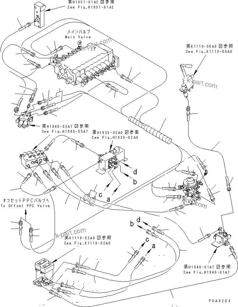 Komatsu parts book diagram for PC128UU-1 S/N 1001-UP: PPC MAIN LINE (PPC VALVE LINE L.H.) (MULTIPLE PATTERN CONTROL)   (FOR AUTO HORIZONTALLY DIGGING)(#1001-2346)