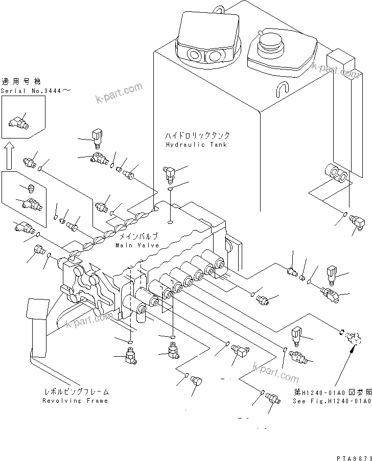 Komatsu parts book diagram for PC128UU-1 S/N 1001-UP: P.P.C. MAIN LINE (MAIN LINE ELBOW) (BLADE LESS SPEC.)(#2347-)