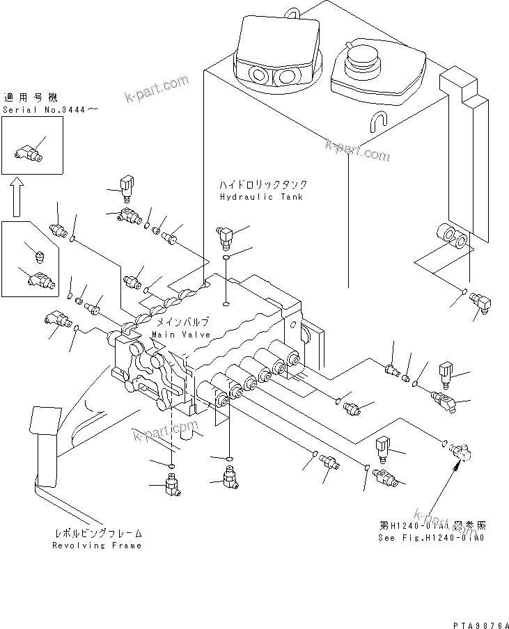 Komatsu parts book diagram for PC128UU-1 S/N 1001-UP: P.P.C. MAIN LINE (MAIN LINE ELBOW) (BLADE LESS SPEC.)            (FOR MONO-BOOM)(#2347-)