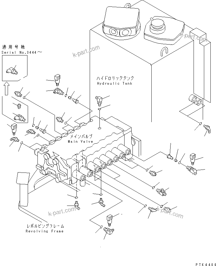 Komatsu parts book diagram for PC128UU-1 S/N 1001-UP: P.P.C. MAIN LINE (MAIN LINE ELBOW) (FOR AUTO HOLIZONTALLY        DIGGING)(#2347-)