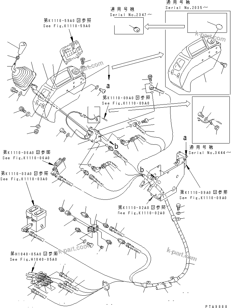 Komatsu parts book diagram for PC128UU-1 S/N 1001-UP: FLOOR FRAME (RIGHT STAND) (P.P.C. VALVE LINE R.H.)