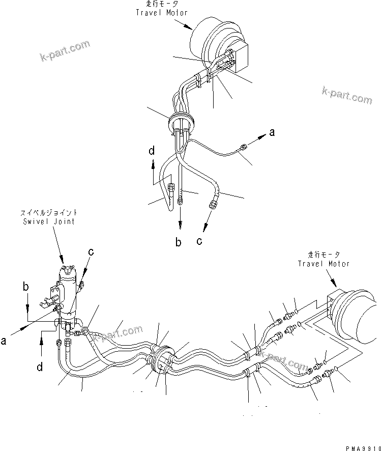 Komatsu parts book diagram for PC128UU-1 S/N 1001-UP: TRAVEL PIPING LOWER (BLADE LESS SPEC.)