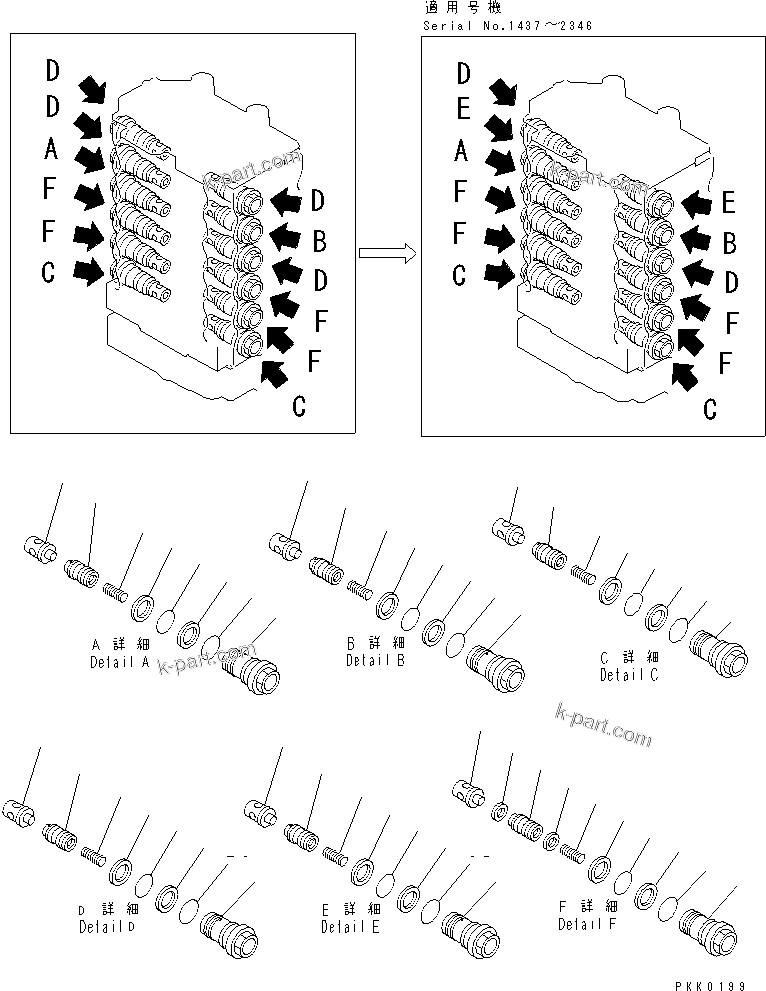 Komatsu parts book diagram for PC128UU-1 S/N 1001-UP: MAIN VALVE (4/8)(#1001-2346)