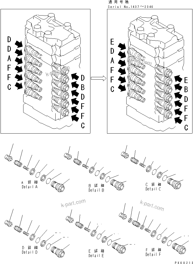 Komatsu parts book diagram for PC128UU-1 S/N 1001-UP: MAIN VALVE (4/12) (2-ACTUATOR)(#1001-2346)