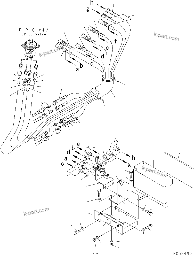 Komatsu parts book diagram for PC12R-8 S/N 10001-UP: HYDRAULIC PIPING (2-WAY SELECTOR VALVE LINE)