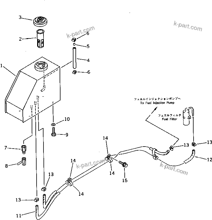 Komatsu parts book diagram for PC15-2 S/N 2001-UP (6-Way Control): FUEL TANK AND PIPING