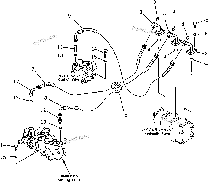 Komatsu parts book diagram for PC15-2 S/N 2001-UP (6-Way Control): HYDRAULIC PIPING (PUMP TO VALVE) (FOR JAPAN) (FOR ASIA)