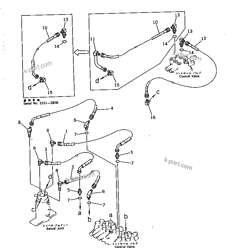 Komatsu parts book diagram for PC15-2 S/N 2001-UP (6-Way Control): HYDRAULIC PIPING (TRAVEL MOTOR ? BLADE CYLINDER LINE) (UPPER)(#2001-2808)