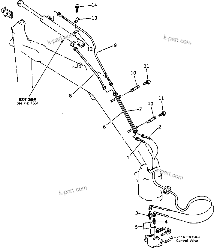 Komatsu parts book diagram for PC15-2 S/N 2001-UP (6-Way Control): HYDRAULIC PIPING (ARM CYLINDER LINE) (FOR JAPAN) (FOR ASIA)