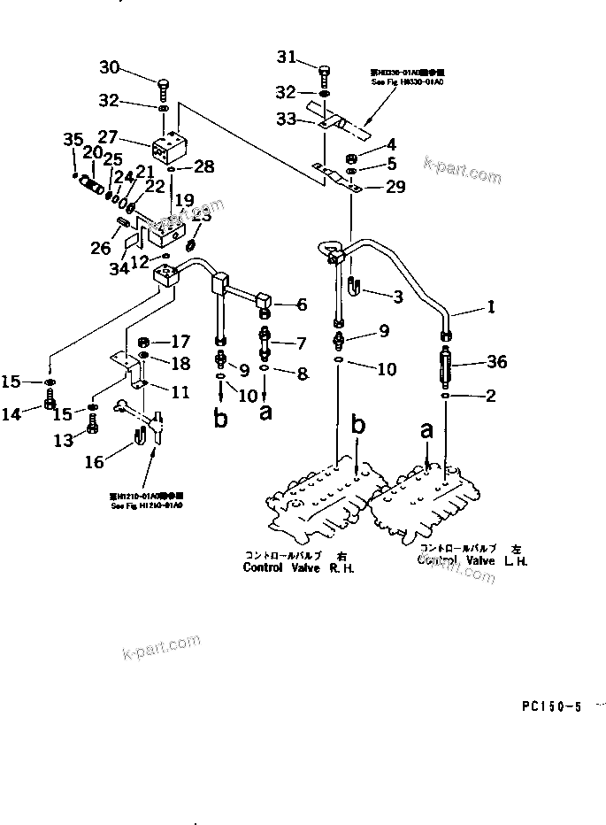 Komatsu parts book diagram for PC150-5 S/N 6001-UP: HYDRAULIC PIPING (OIL COOLER AND RETURN LINE) (1/2)              (CRUSHER AND OTHER ATTACHMENT)