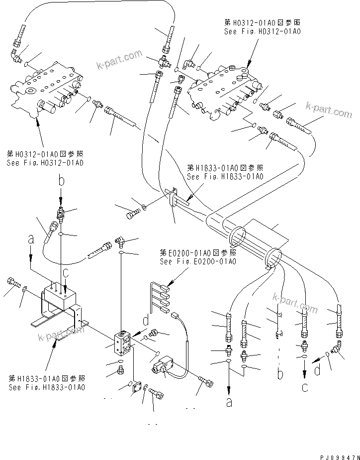 Komatsu parts book diagram for PC150-5 S/N 6001-UP: HYDRAULIC PIPING (P.P.C. PIPING) (1/2)