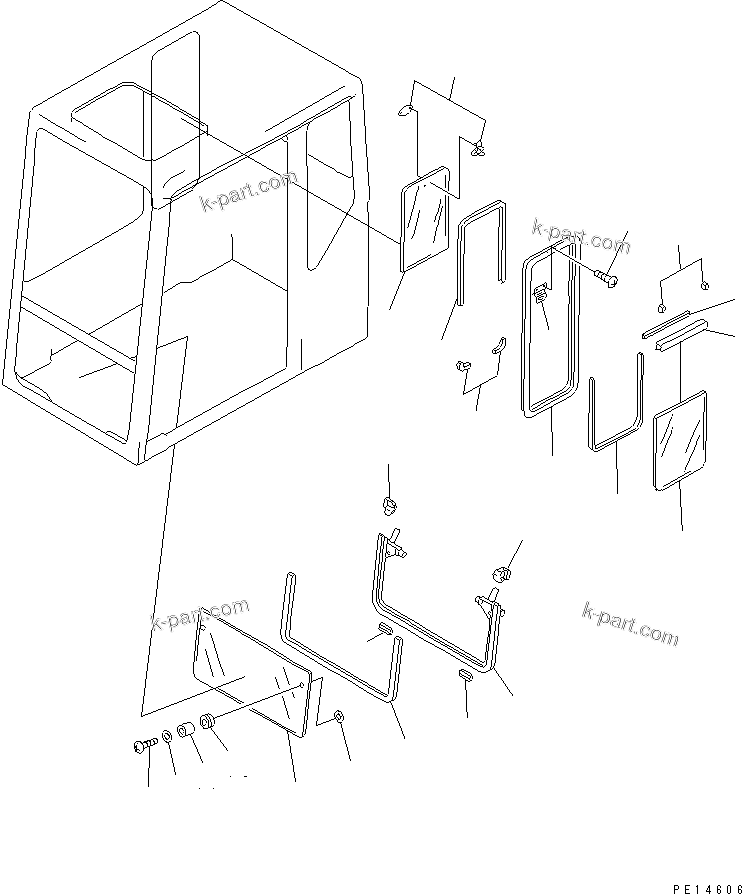 Komatsu parts book diagram for PC150-5 S/N 6001-UP: OPERATOR'S CAB (3/7) (FRONT AND R.H. SIDE WINDOW)(#6001-7689)