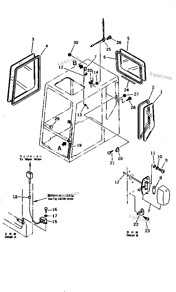 Komatsu parts book diagram for PC150-5 S/N 6001-UP: OPERATOR'S CAB (4/7) (SIDE AND REAR WINDOW)(#6001-7689)
