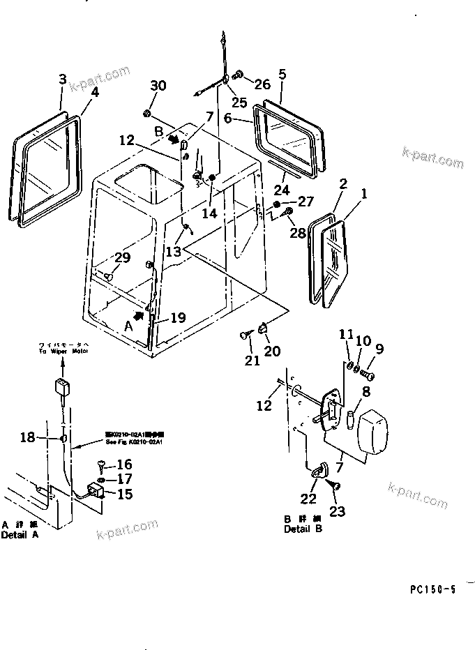 Komatsu parts book diagram for PC150-5 S/N 6001-UP: OPERATOR'S CAB (4/7) (SIDE AND REAR WINDOW)                      (FOR U.S.A. AND CANADA)