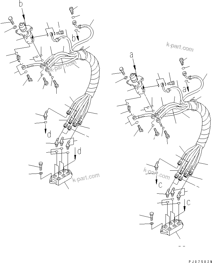 Komatsu parts book diagram for PC150-5 S/N 6001-UP: HYDRAULIC PIPING (P.P.C. VALVE TO/FROM BLOCK) (FOR WRIST CONTROL)(#6001-6437)