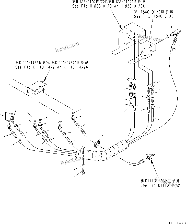 Komatsu parts book diagram for PC150-5 S/N 6001-UP: HYDRAULIC PIPING (WORK EQUIPMENT CONTROL ? R.H.)                  (FOR WRIST CONTROL)