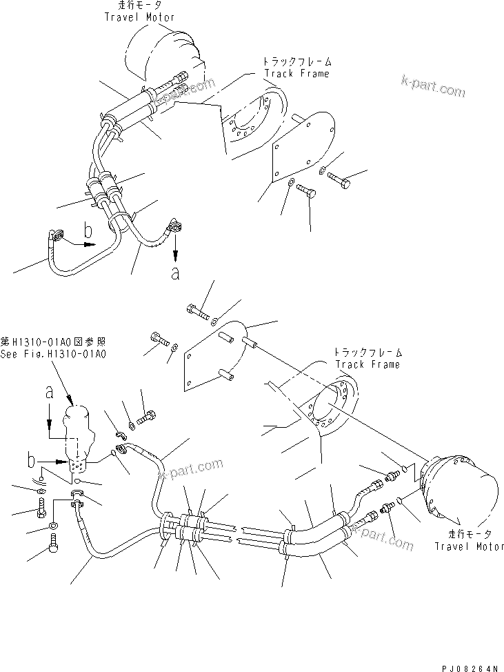 Komatsu parts book diagram for PC150-5 S/N 6001-UP: HYDRAULIC PIPING (TRAVEL MOTOR LINE) (LOWER 1/2)