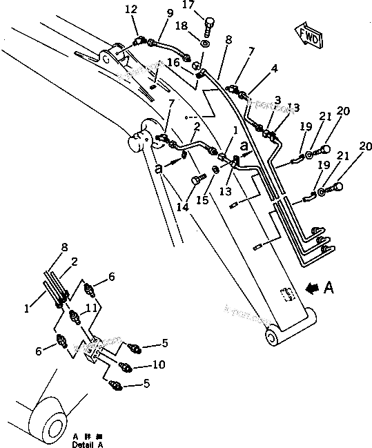 Komatsu parts book diagram for PC150-5 S/N 6001-UP: WORK EQUIPMENT LUBRICATION PIPING (BOOM SIDE)