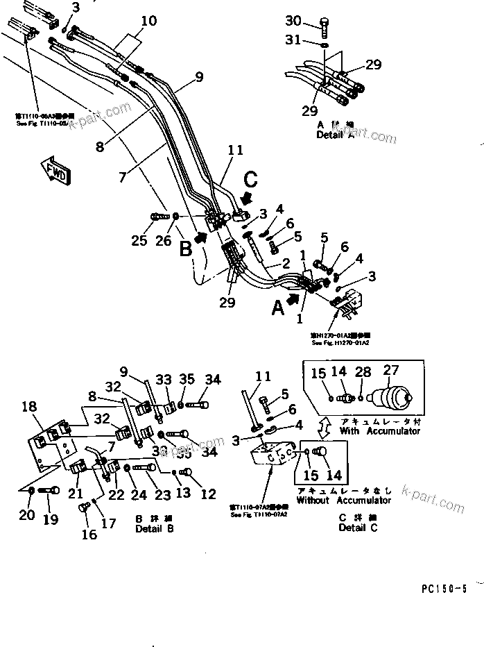 Komatsu parts book diagram for PC150-5 S/N 6001-UP: HYDRAULIC PIPING (ATTACHMENT LINE) (2-ACTUATER ATTACHMENT) (1/2) (BOOM SIDE)