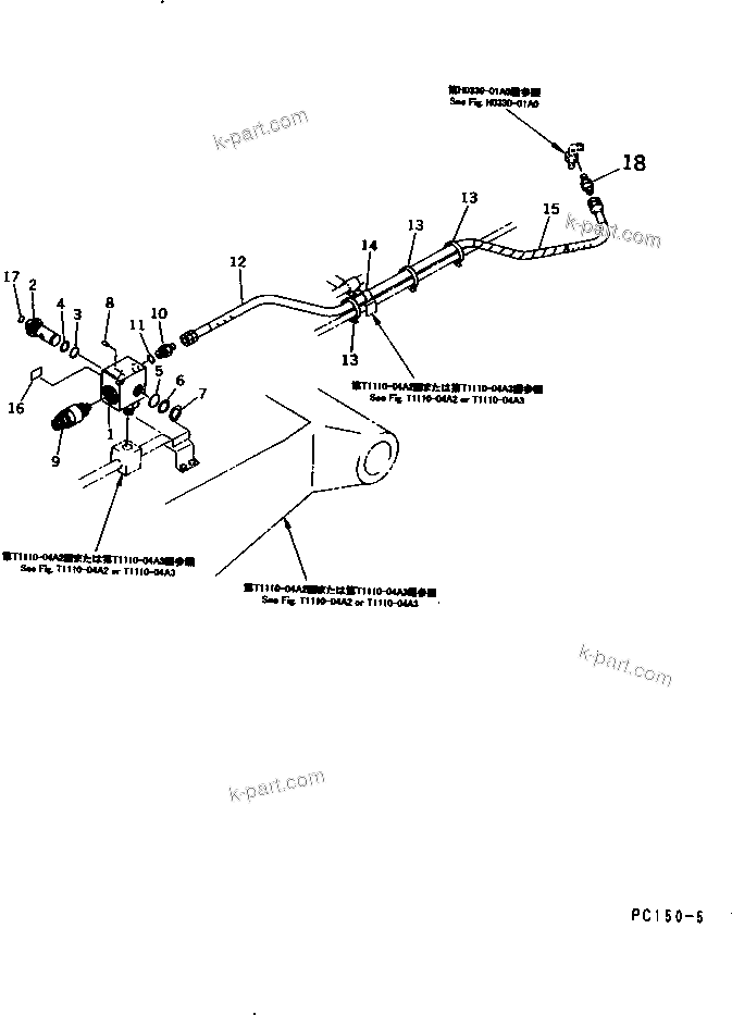 Komatsu parts book diagram for PC150-5 S/N 6001-UP: HYDRAULIC PIPING (CHANGE VALVE) (1 OR 2 ACTUATER ATTACHMENT)
