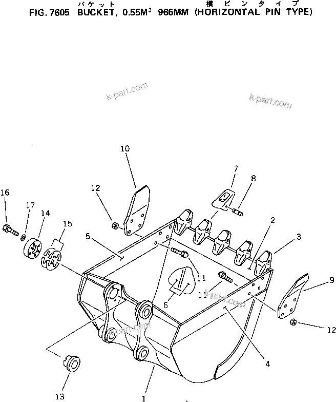 Komatsu parts book diagram for PC150-5 S/N 6001-UP: BUCKET ? 0.55M3 WIDTH 966MM (HORIZONTAL PIN TYPE)