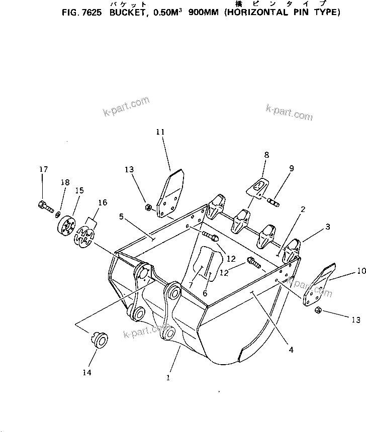 Komatsu parts book diagram for PC150-5 S/N 6001-UP: BUCKET ? 0.50M3 WIDTH 900MM (HORIZONTAL PIN TYPE)
