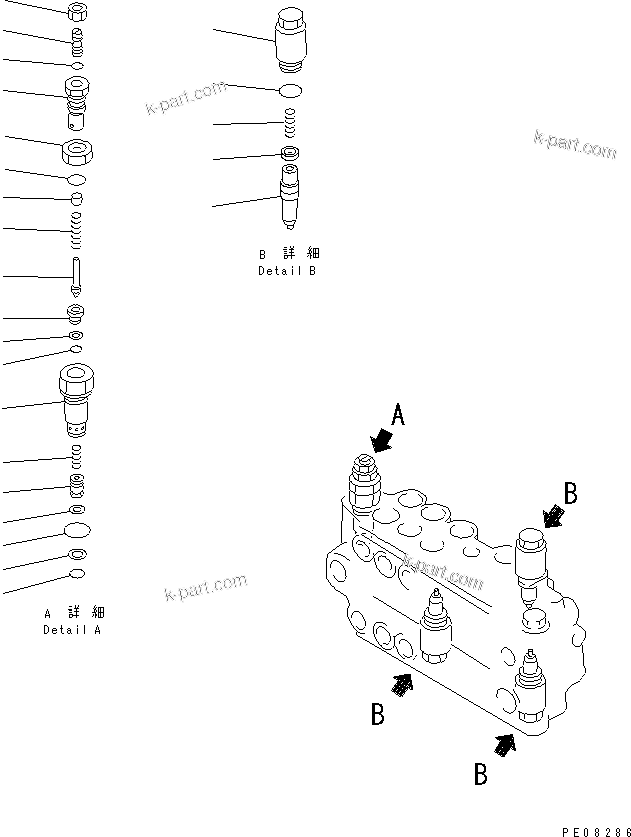 Komatsu parts book diagram for PC150-5 S/N 6001-UP: MAIN VALVE (3/4) (L.H.)