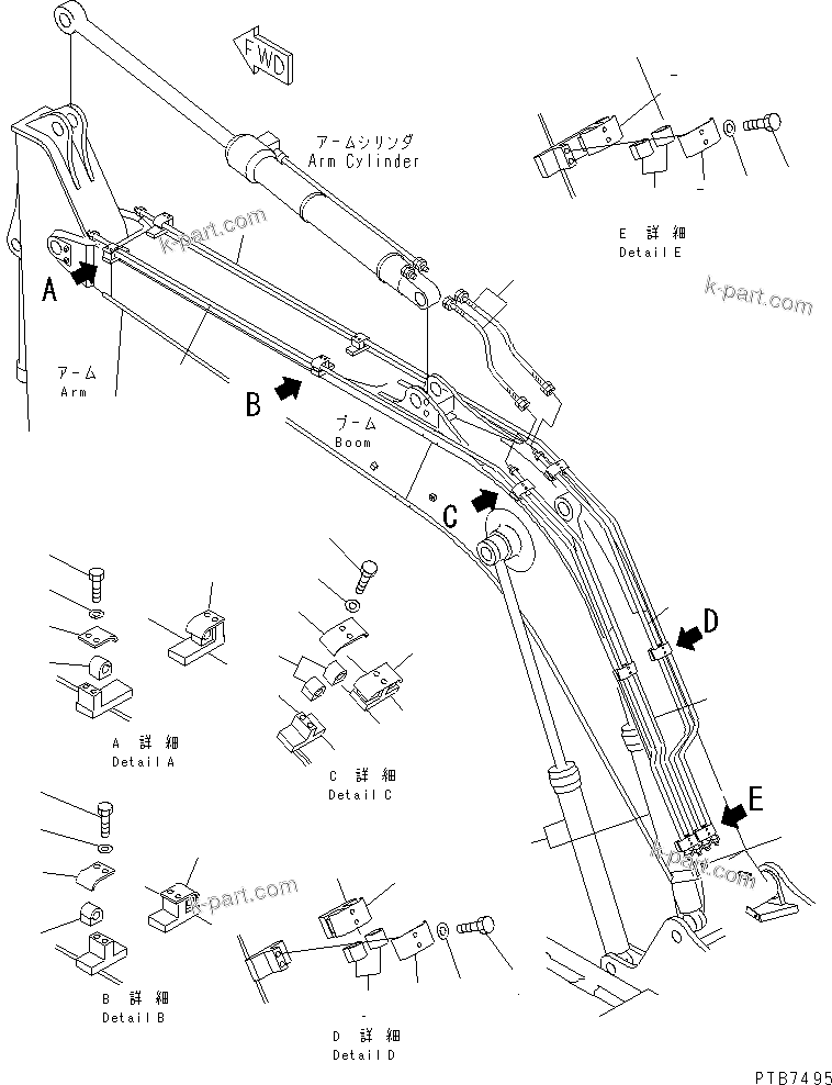 Komatsu parts book diagram for PC150LGP-6K S/N K35001-UP: BOOM LINE (FOR 1-PIECE BOOM)
